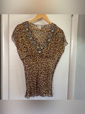 WD.NY Silk Sheer Y2K Cheetah Blouse. Size: 14.